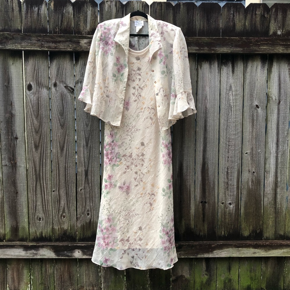 Vintage Kathy Roberts Fairy Dress and Jacket Set Size 14 Floral Sheer Bias Cut